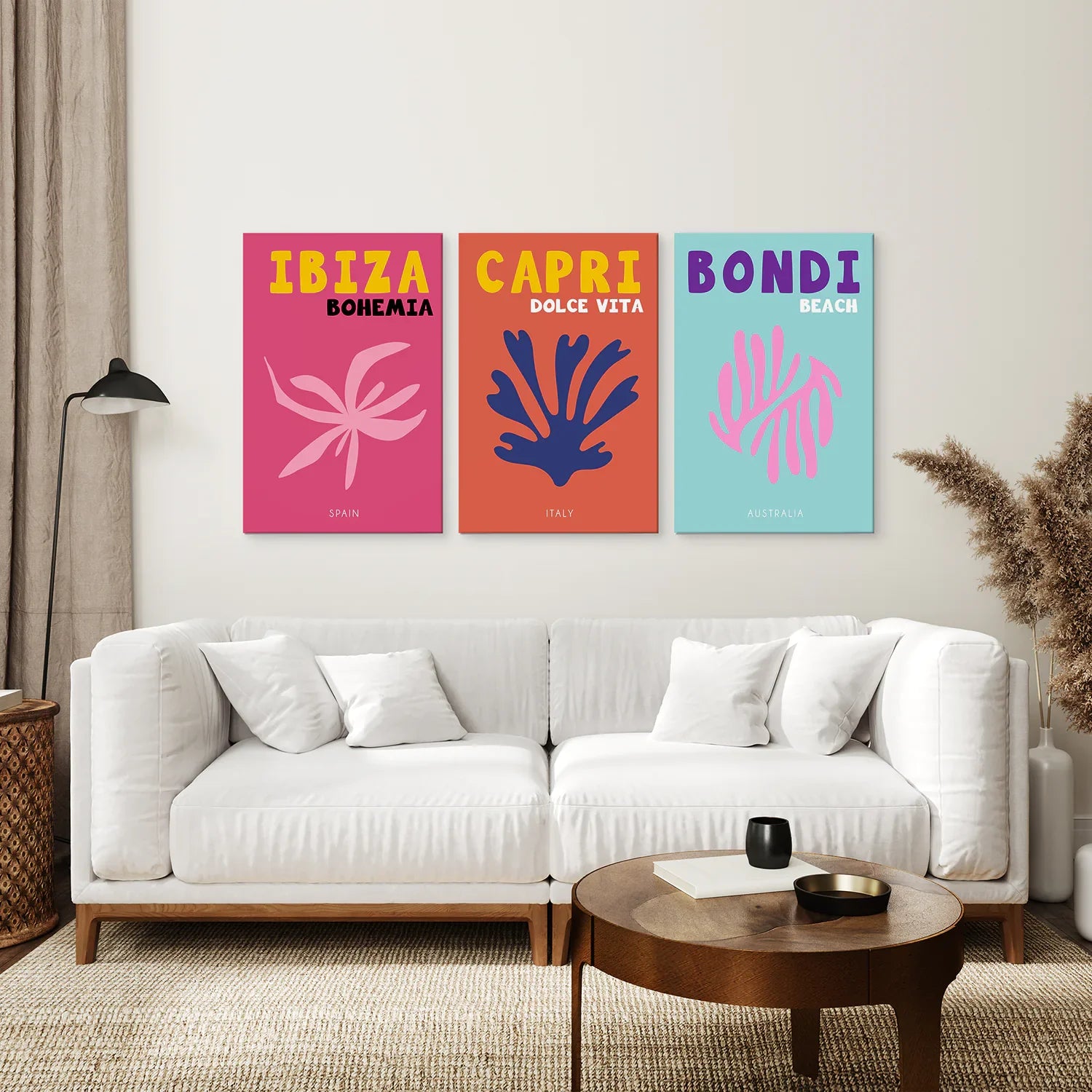 3-teiliges, modernes Wandbild-Set zum Thema Reisen. Italien, Australien, Spanien