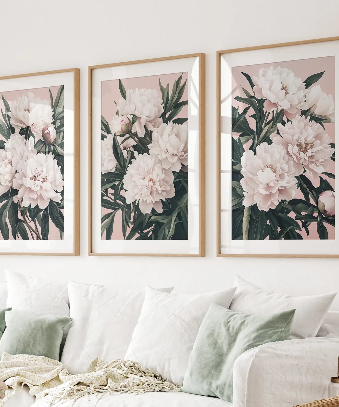 Pfingstrosen Blumen Wandkunst 3er Set. Rosa und Grüne Dekoration