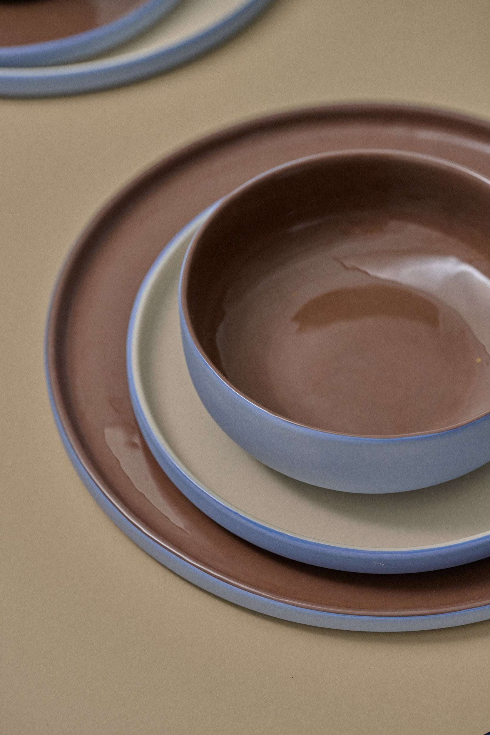 Handmade Blue Porcelain Dinner Plates. Forget-me-not/Chocolate