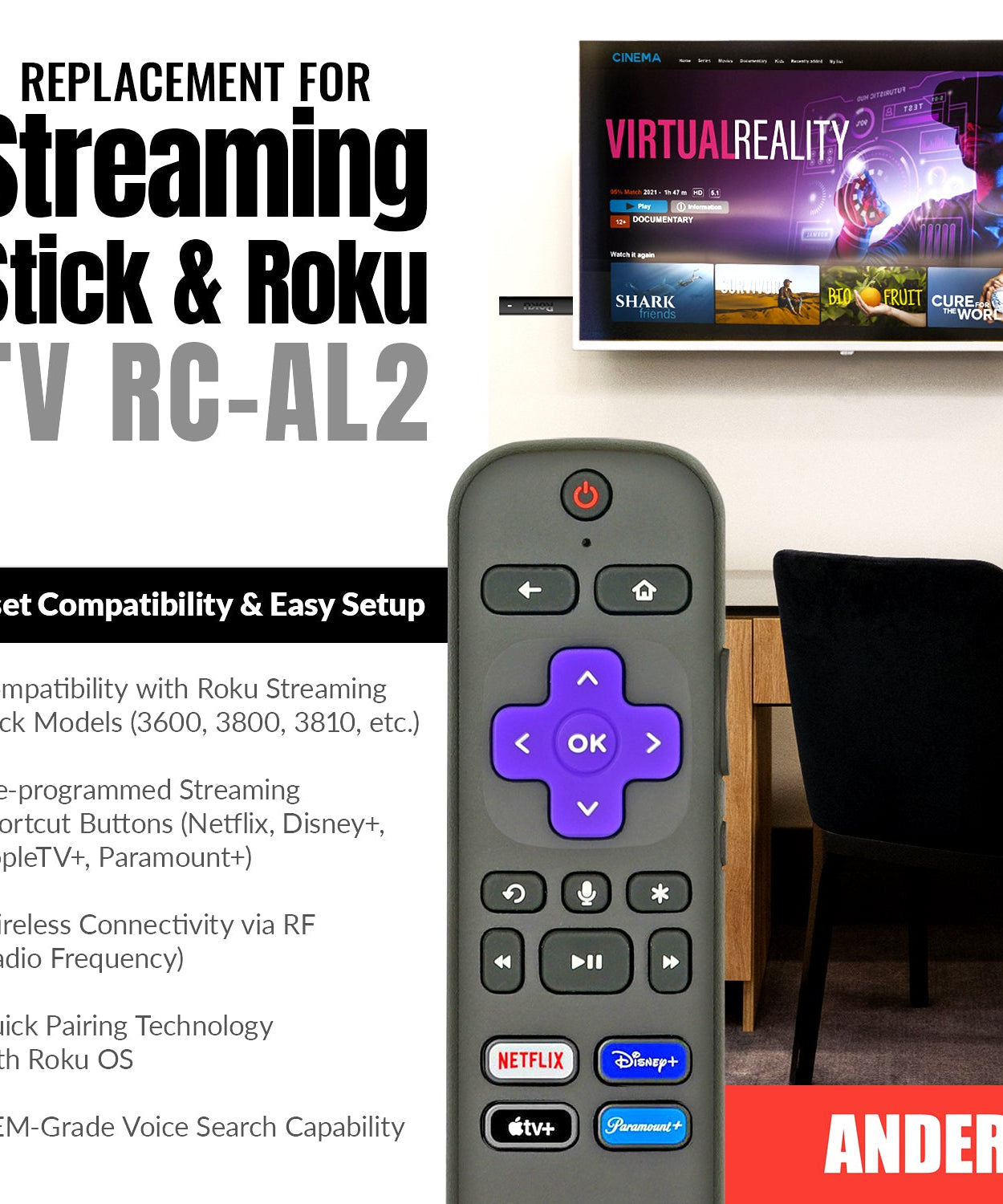 Anderic RC-GZ1 Universal Remote Control for Roku Streaming Stick, StreamBar, and TV | RCFA5 RCGZ1