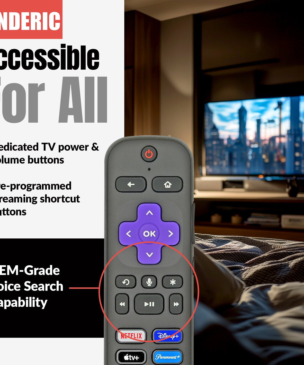 Anderic RC-GZ1 Universal Remote Control for Roku Streaming Stick, StreamBar, and TV | RCFA5 RCGZ1