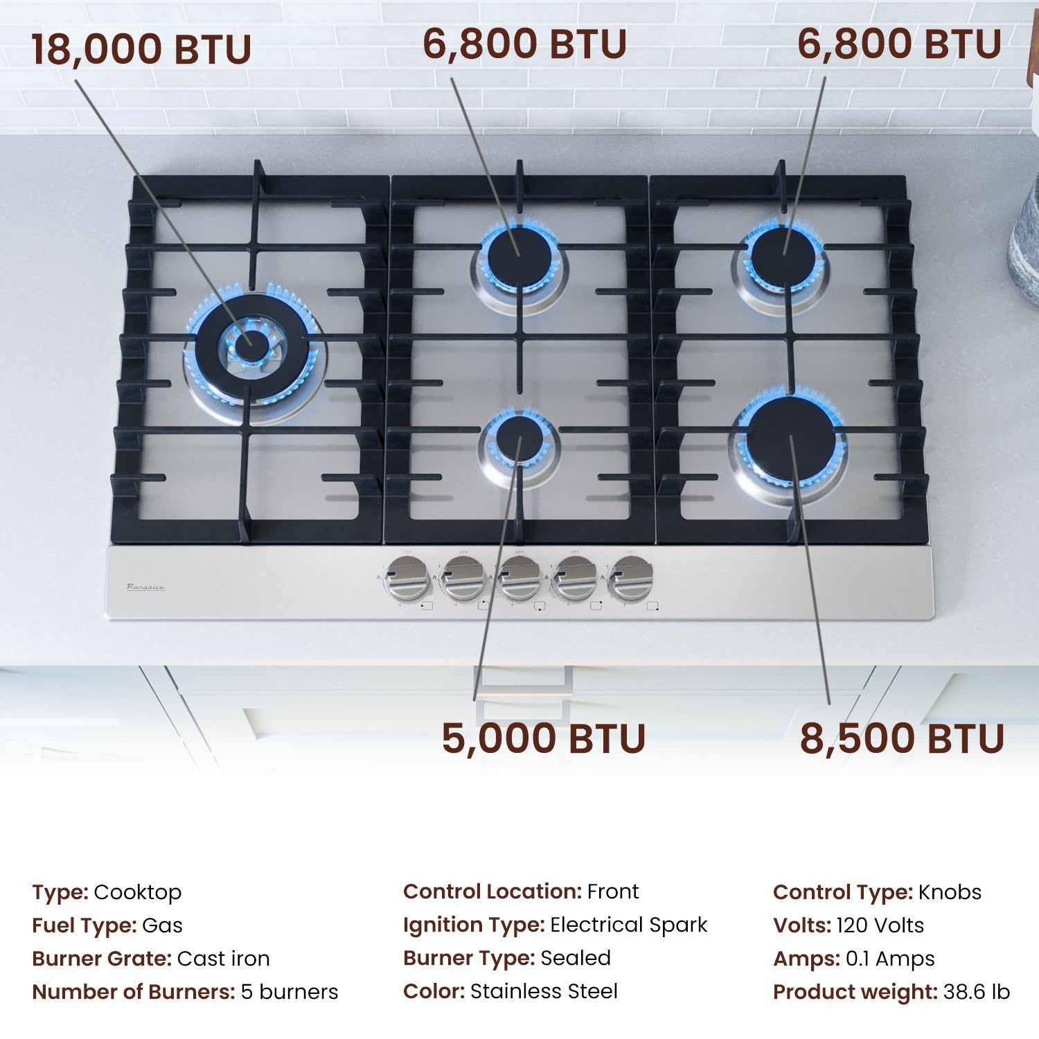 Rangaire 34" Gas Cooktop 5 Burners Stainless Steel RCG341S