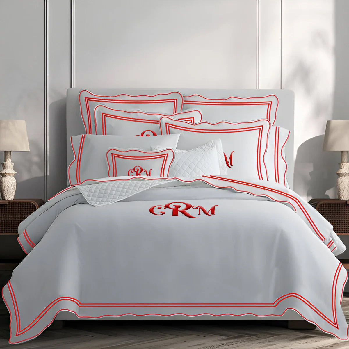 Monogram 400TC Wavy Embroidery & Border Cotton Sateen Solid Duvet Cover Set