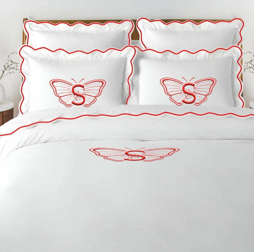 Monogram 400TC Cotton Scallop Embroidery Sateen Solid Duvet Cover Set