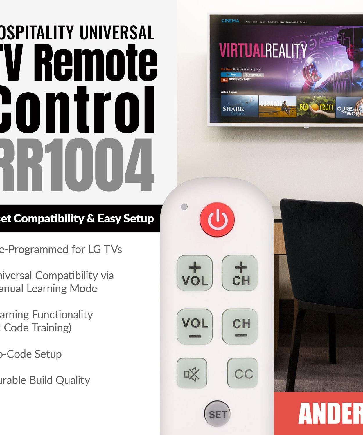 Anderic RR1004 Simple Big Button 1-Device TV Universal Remote Control