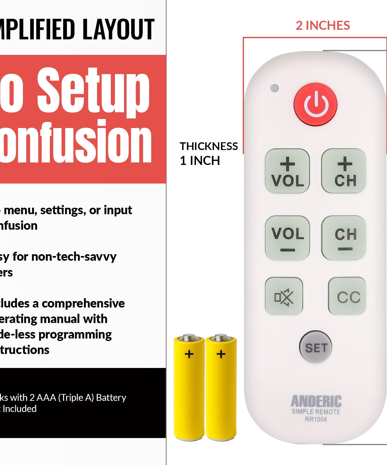 Anderic RR1004 Simple Big Button 1-Device TV Universal Remote Control