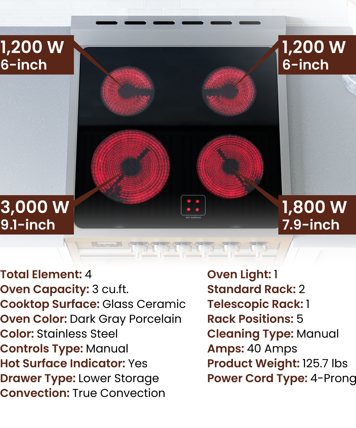 Rangaire 24" Elektroherd AirFry Umluftofen Freistehend Edelstahl RRE241TS