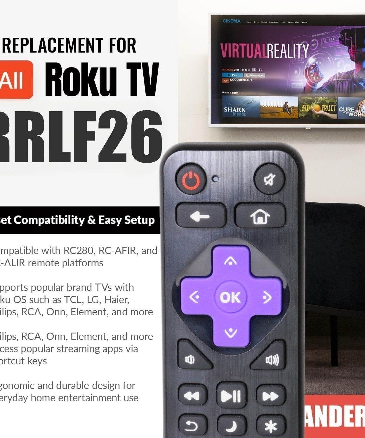 Anderic RRLF26 (No Programming Needed) Replacement Remote Control for most Roku TVs such as ONN, Hisense, Philips, TCL, Hiro