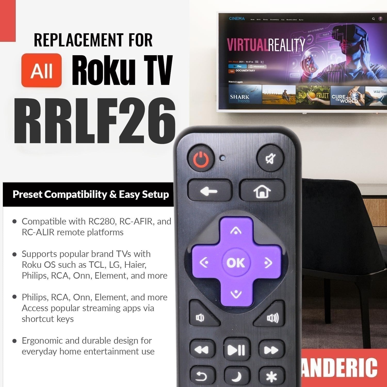 [3-PACK] Anderic RRLF26 (No Programming Needed) Replacement Remote Control for most Roku TVs such as ONN, Hisense, Philips, TCL, Hiro