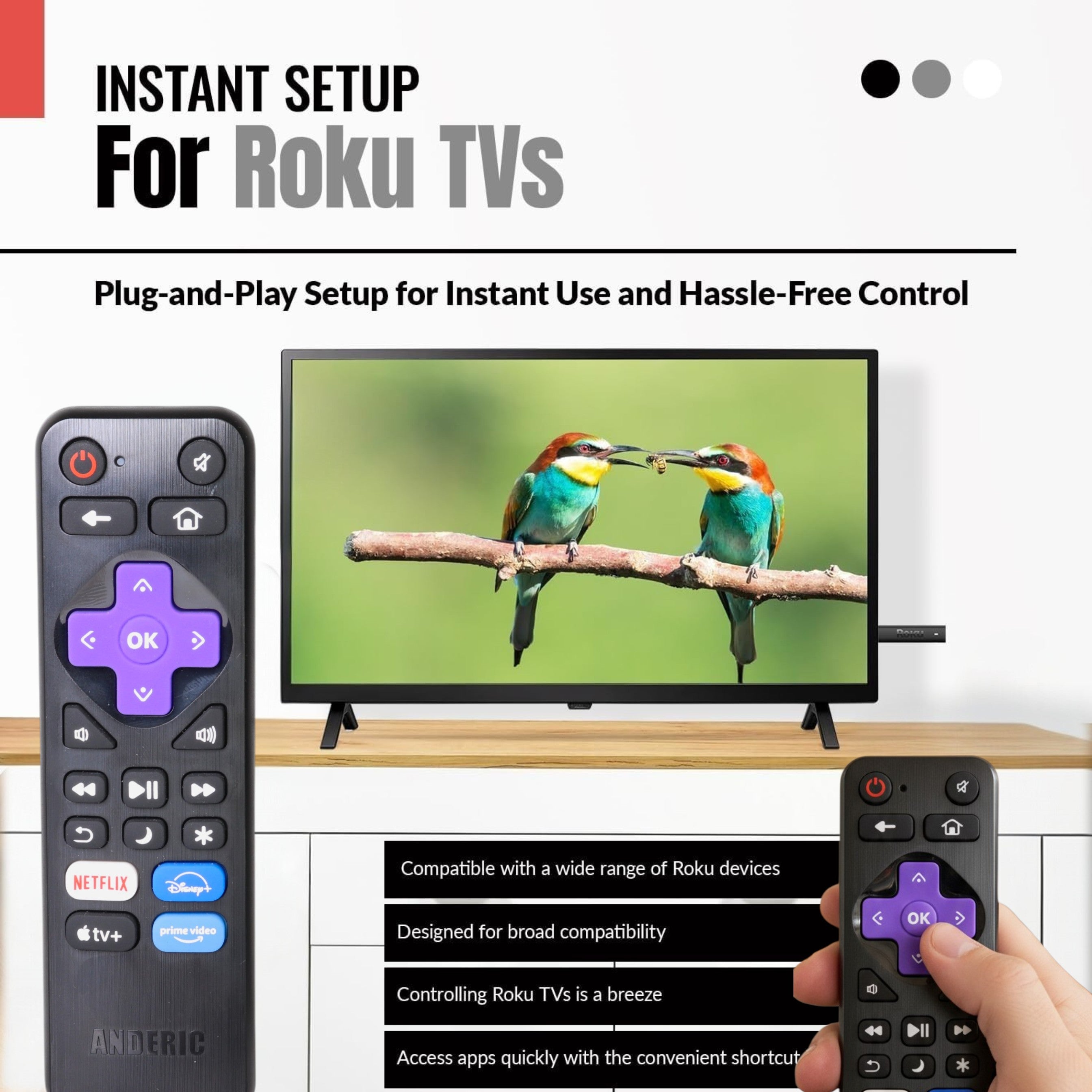 Anderic RRLF26 (No Programming Needed) Replacement Remote Control for most Roku TVs such as ONN, Hisense, Philips, TCL, Hiro