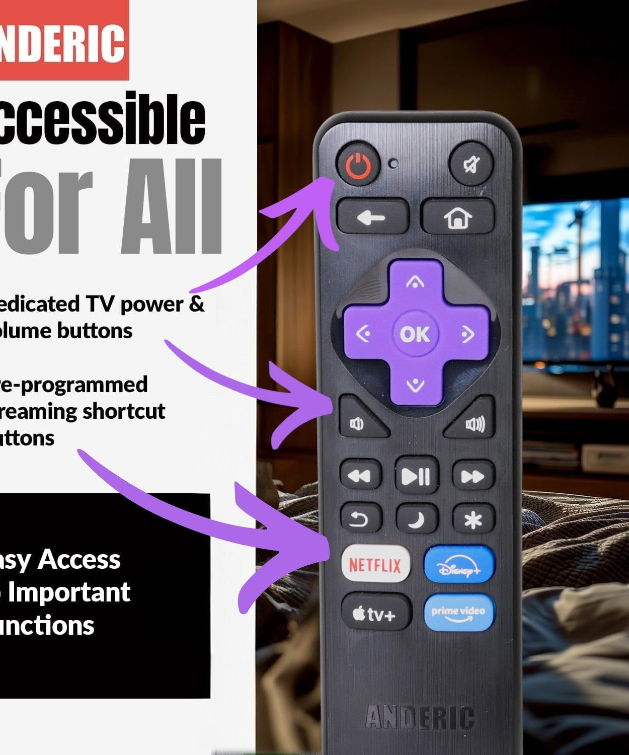 Anderic RRLF26 (No Programming Needed) Replacement Remote Control for most Roku TVs such as ONN, Hisense, Philips, TCL, Hiro