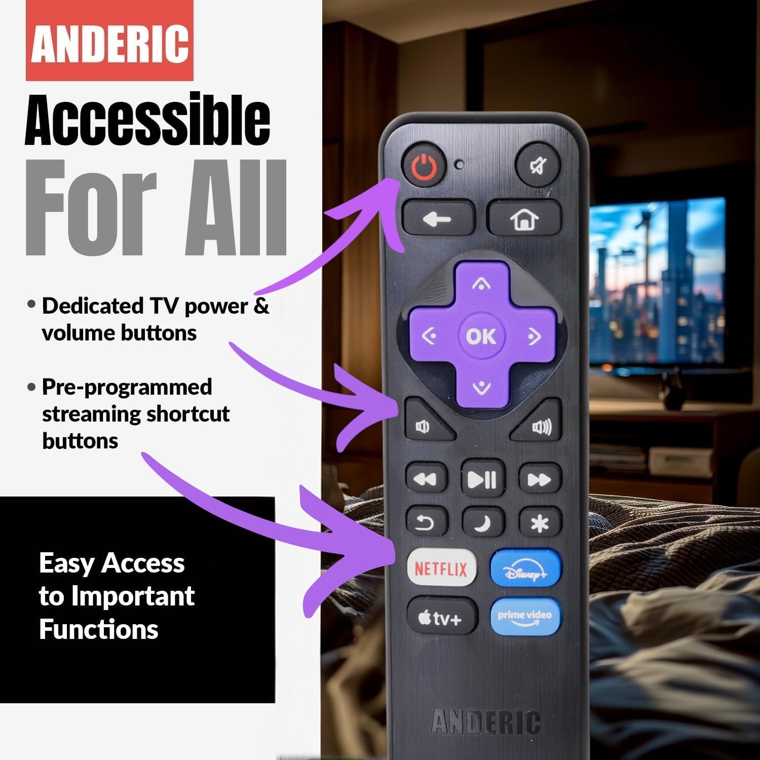 Anderic RRLF26 (No Programming Needed) Replacement Remote Control for most Roku TVs such as ONN, Hisense, Philips, TCL, Hiro