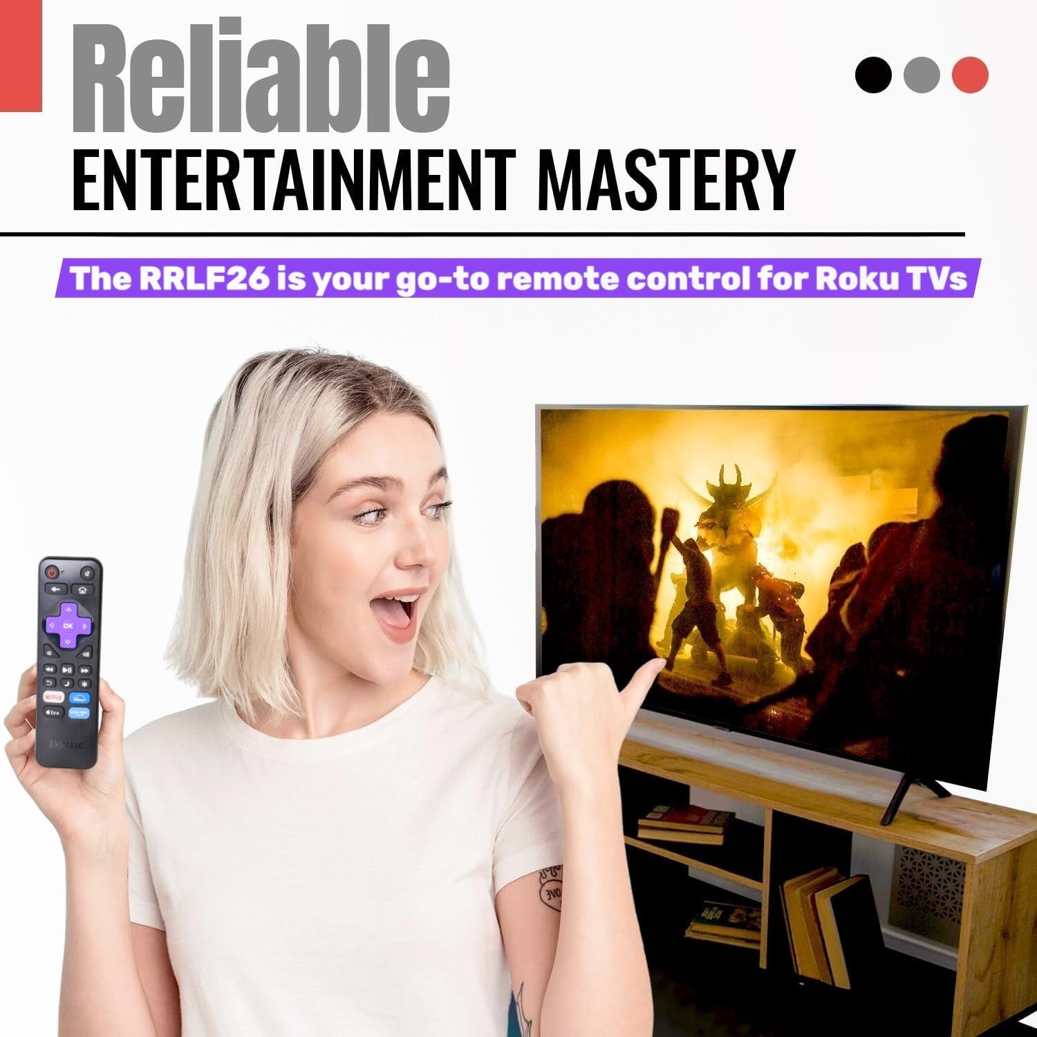 Anderic RRLF26 (No Programming Needed) Replacement Remote Control for most Roku TVs such as ONN, Hisense, Philips, TCL, Hiro