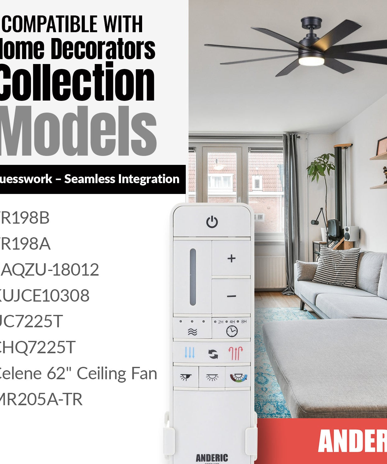 Anderic TR198B Replacement Ceiling Fan Remote Control for Home Decorators Collection 2AQZU-18012 / KUJCE10308 / TR198A / RRTR198B