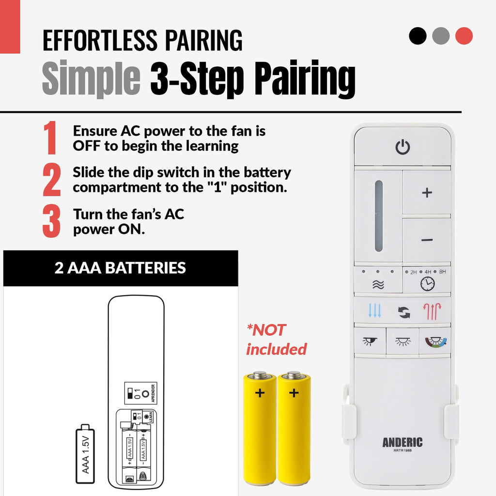 Anderic MR205A-D / TR198B Replacement Ceiling Fan Remote Control Kit for Marlon Home Decorators Collection and others - MR205A-D / RRTR198B