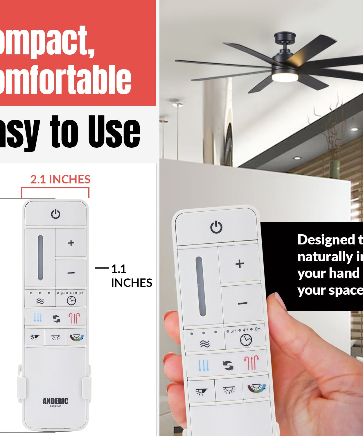 Anderic MR205A-D / TR198B Replacement Ceiling Fan Remote Control Kit for Marlon Home Decorators Collection and others - MR205A-D / RRTR198B