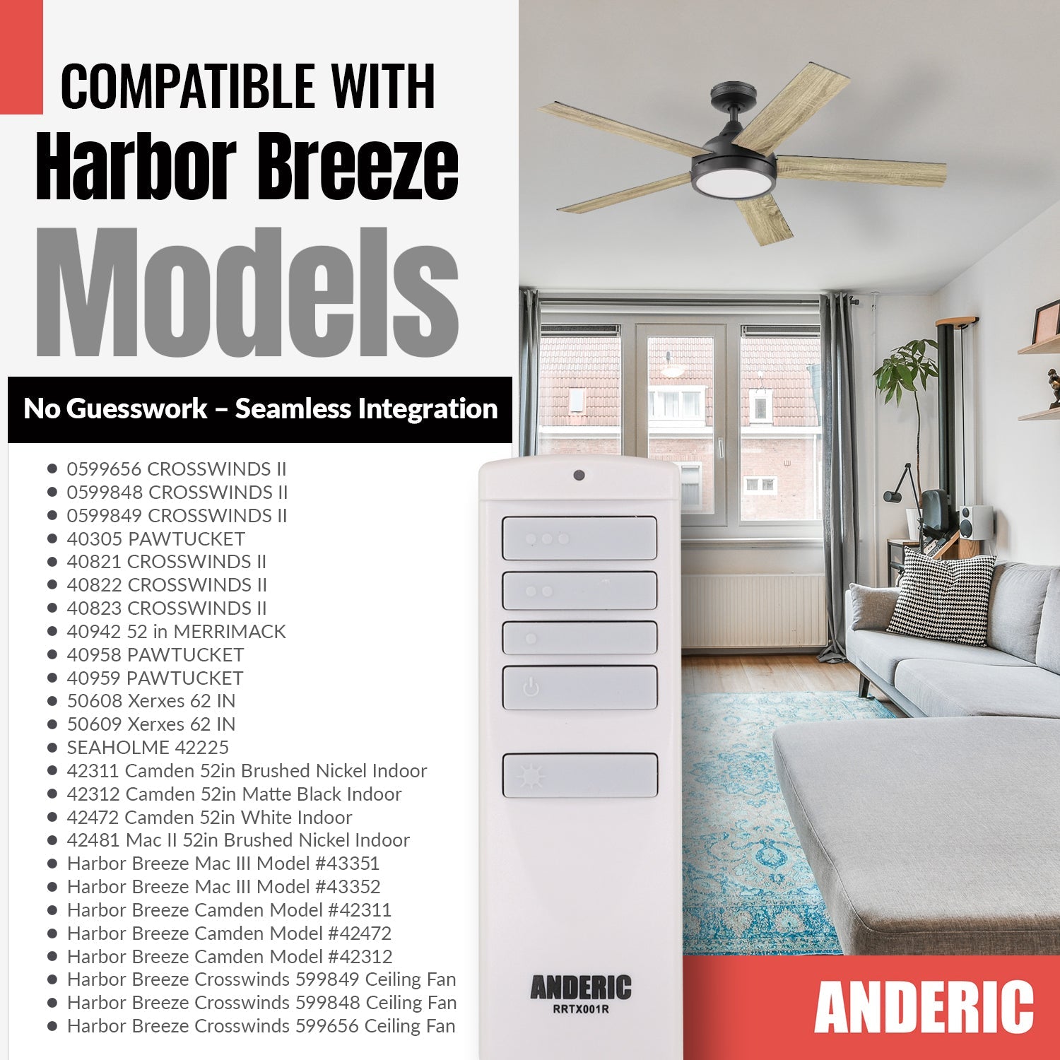 Anderic RRTX001R Replacement Ceiling Fan Remote Control for Harbor Breeze A25-TX001-R1 / A25-TX005-R