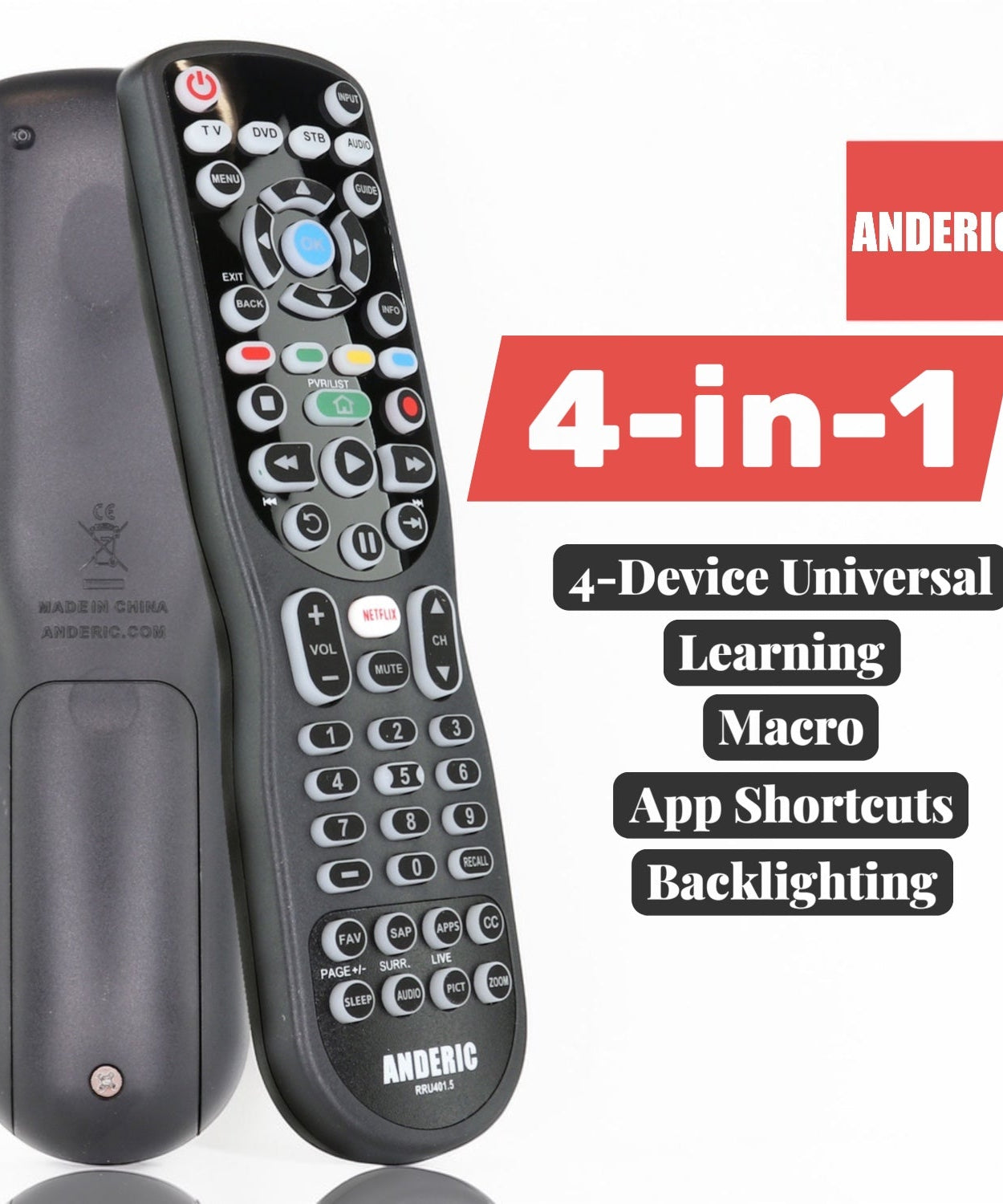 Anderic RRU401.7 4-Device Universal Remote Control with Backlight, Macro and Learning for TV, Cable, Streaming, DVD and more