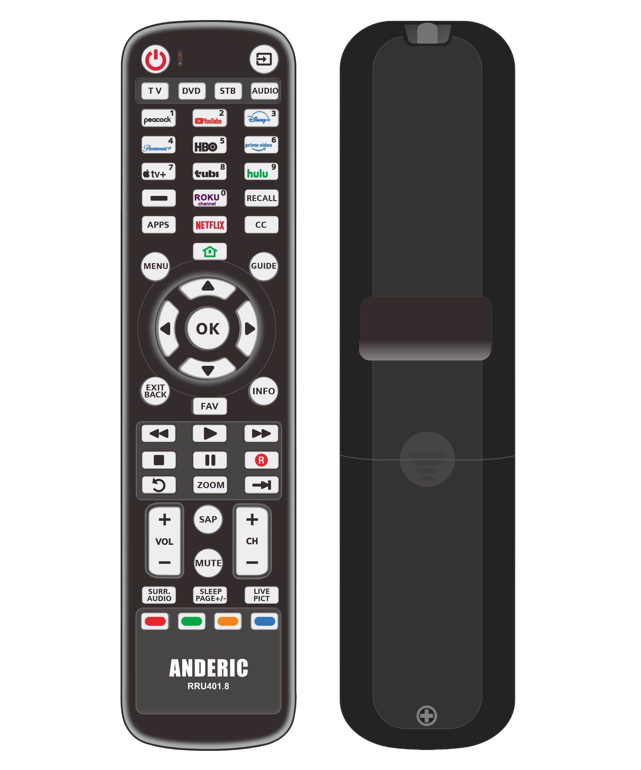 Anderic RRU401.8 Smart TV 4-Device Universal Remote Control | Smart App Shortcuts | Learning | Backlight