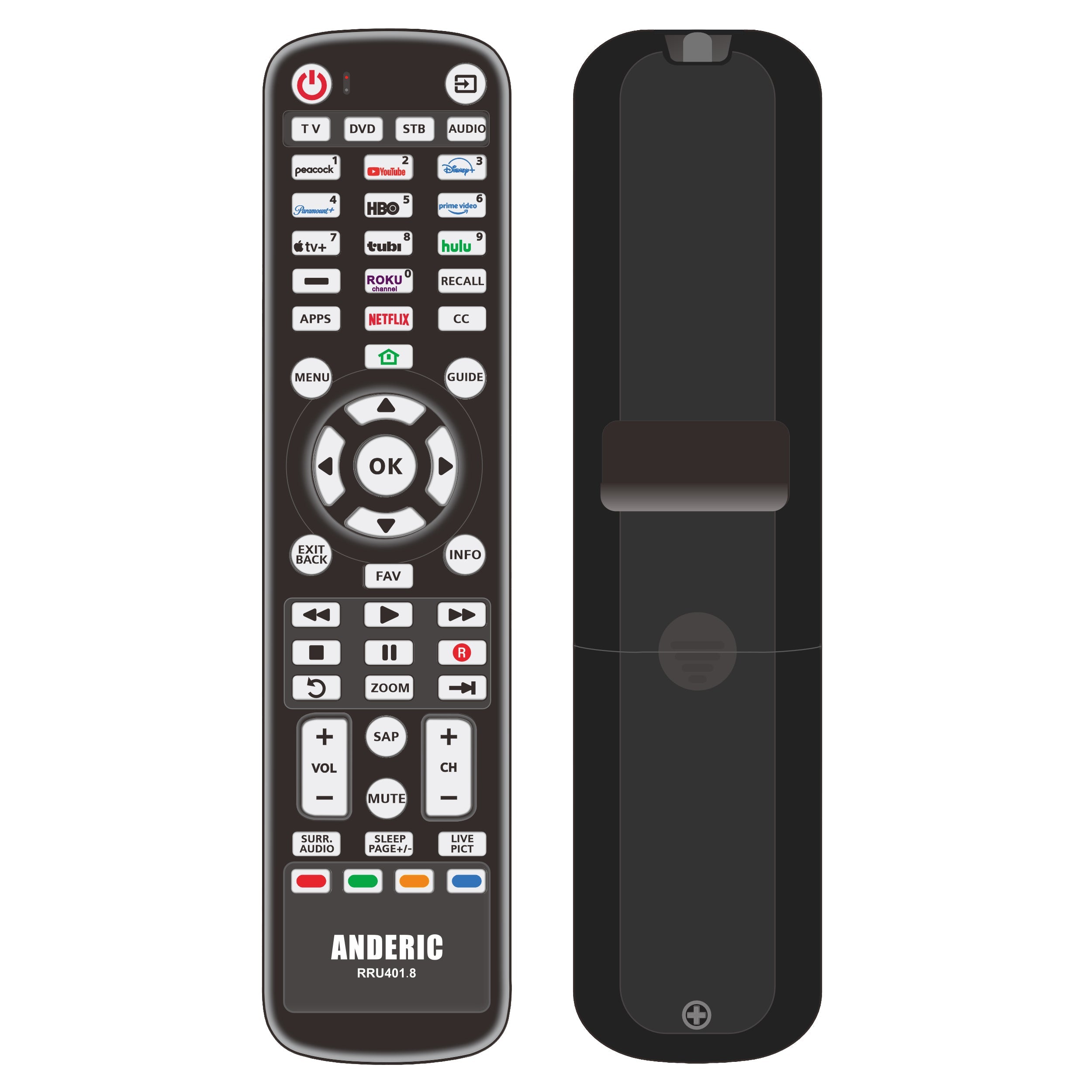 Anderic RRU401.8 Smart TV 4-Device Universal Remote Control | Smart App Shortcuts | Learning | Backlight