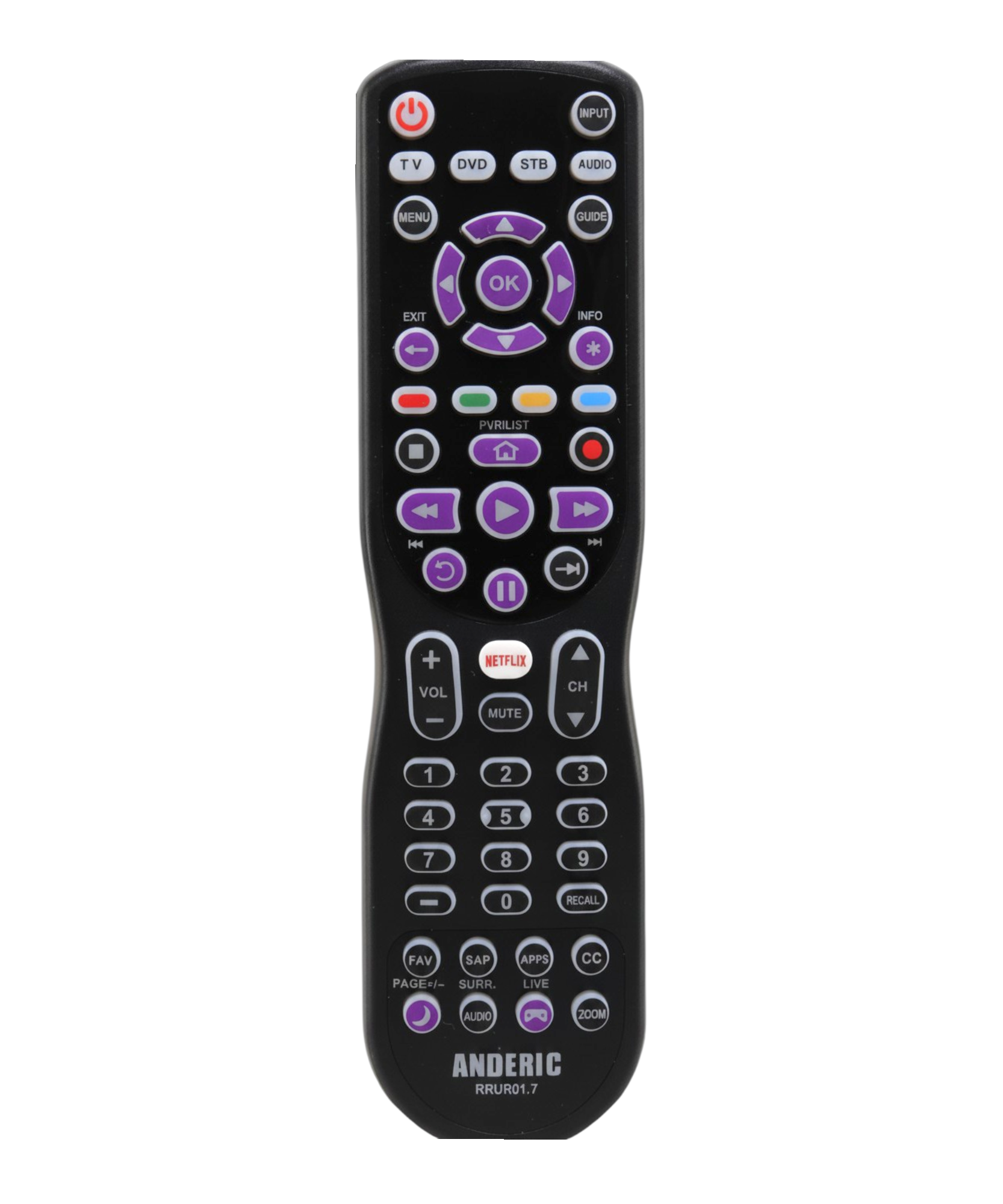 Anderic RRUR01.7 4-Device Universal Remote Control for Roku Streaming Players & Roku TV's | Backlighting, Learning, and Macro