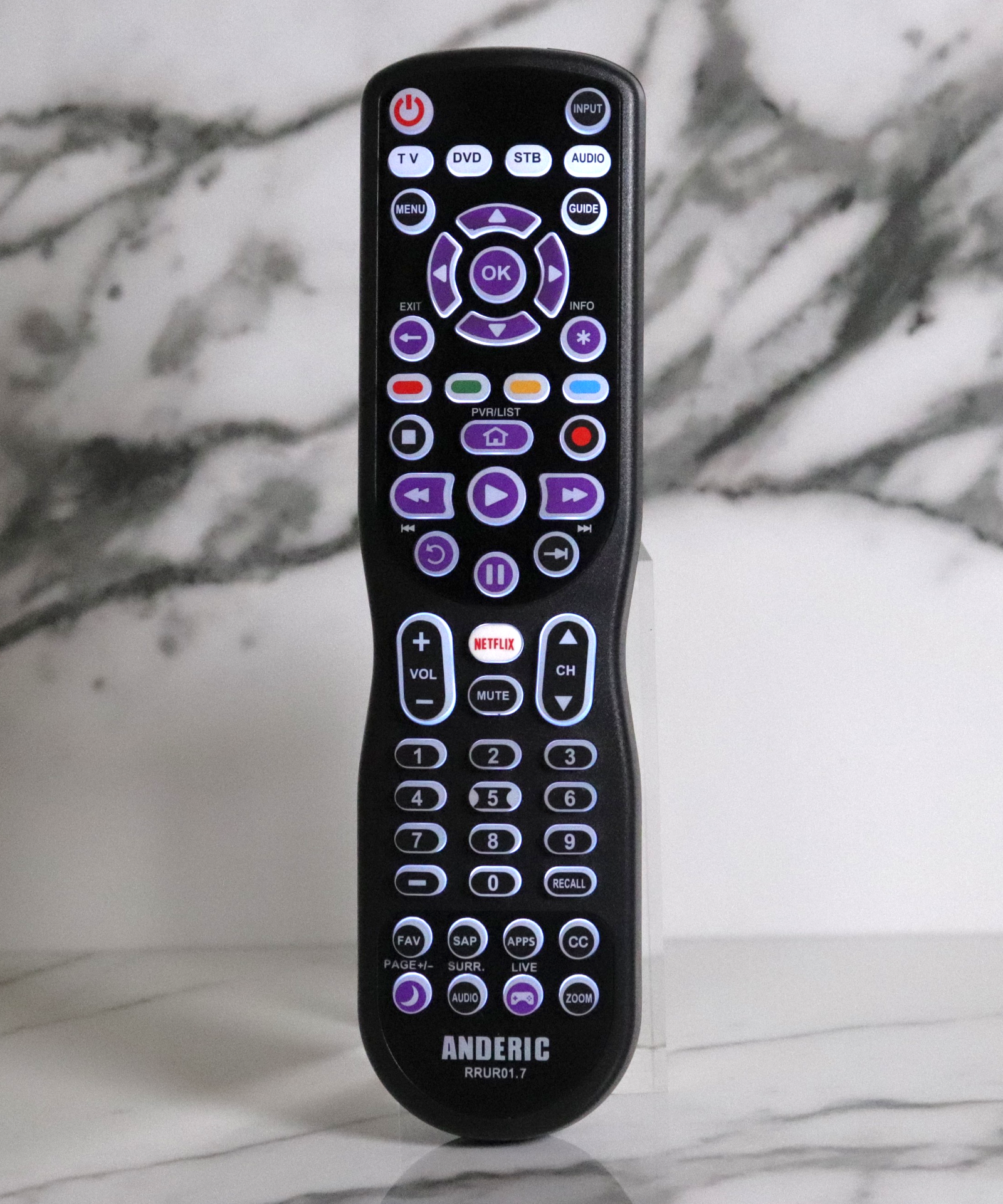 Anderic RRUR01.7 4-Device Universal Remote Control for Roku Streaming Players & Roku TV's | Backlighting, Learning, and Macro