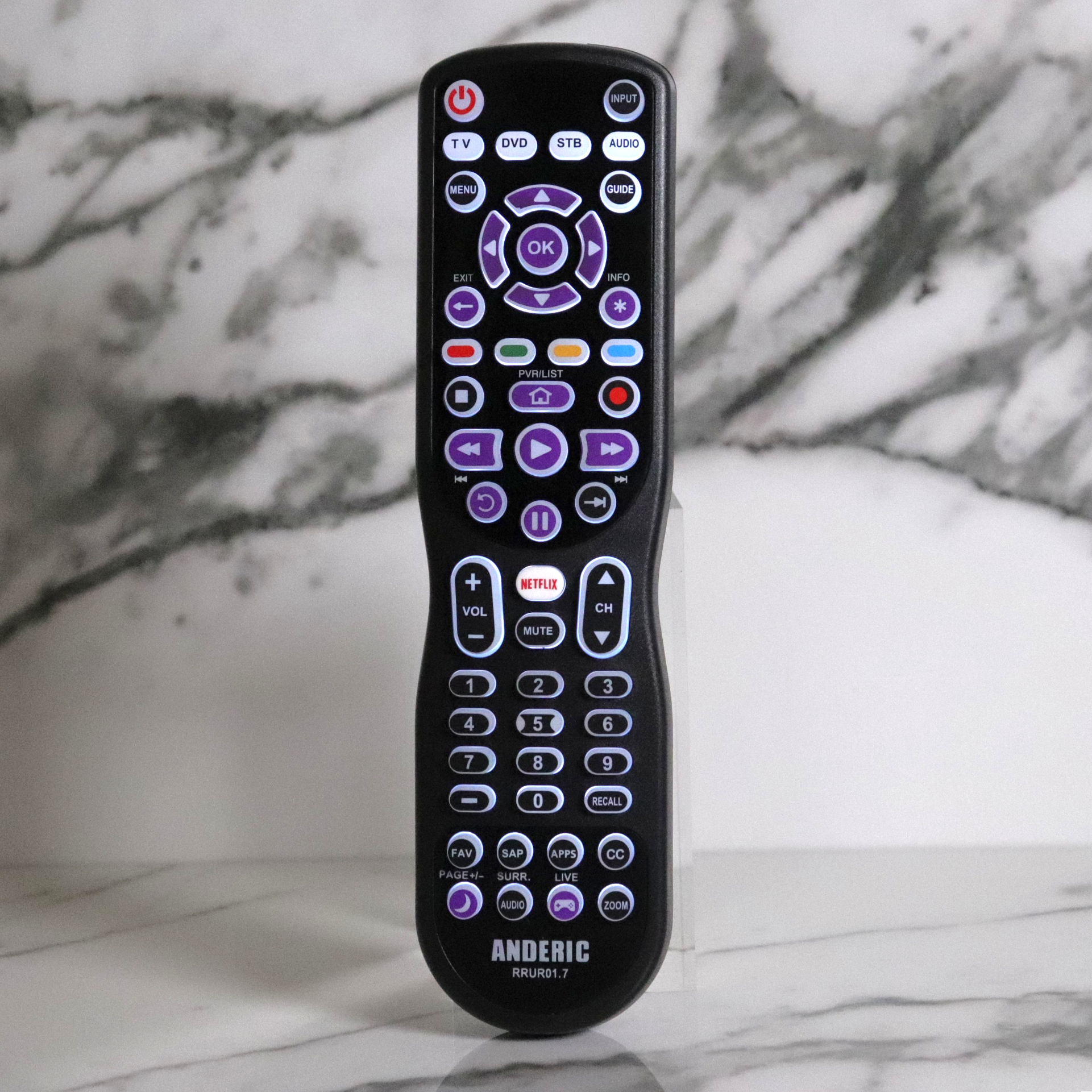 Anderic RRUR01.7 4-Device Universal Remote Control for Roku Streaming Players & Roku TV's | Backlighting, Learning, and Macro