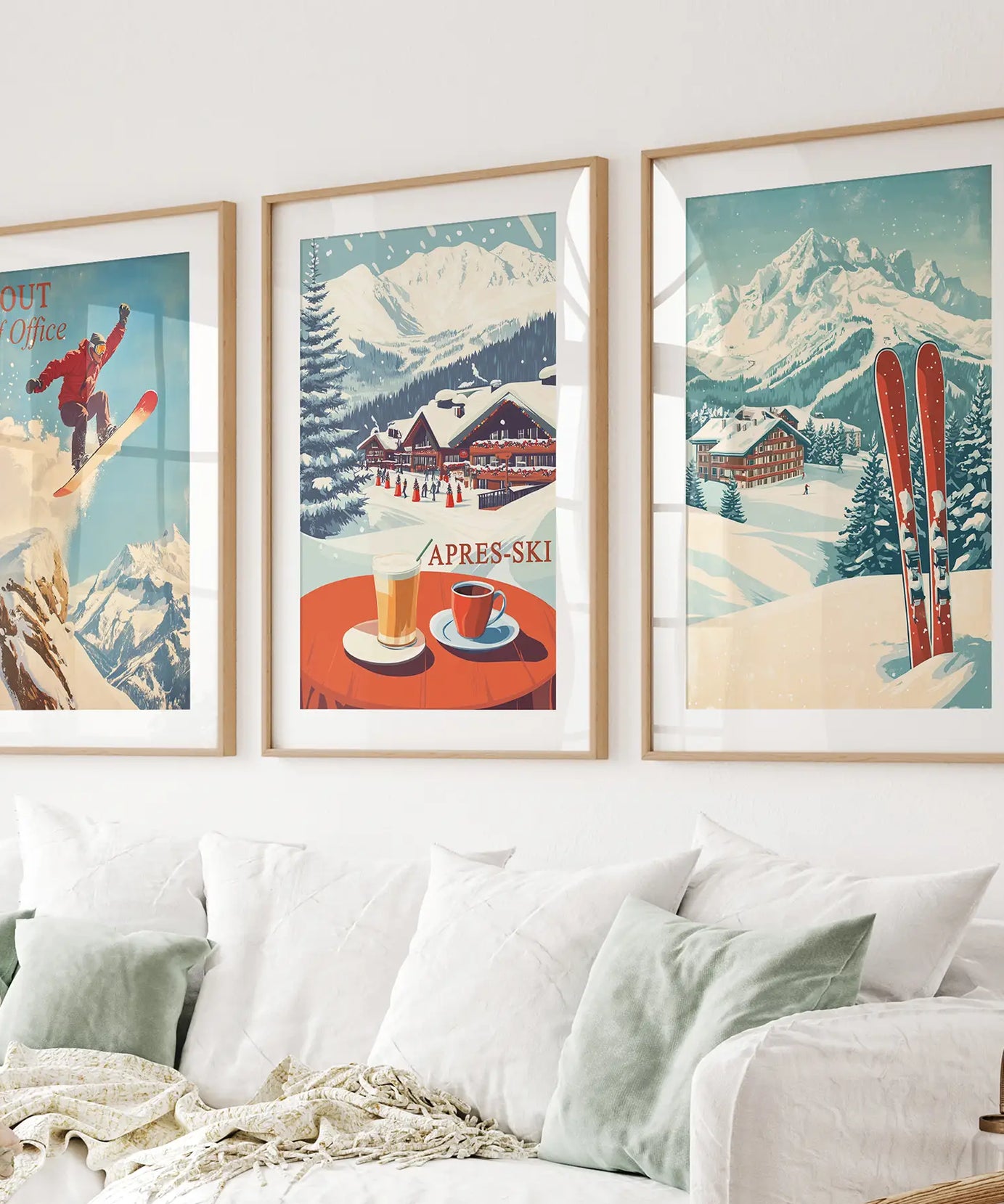 Ski Lodge Set of 3 Prints: Retro Snowboard, Après Ski Art