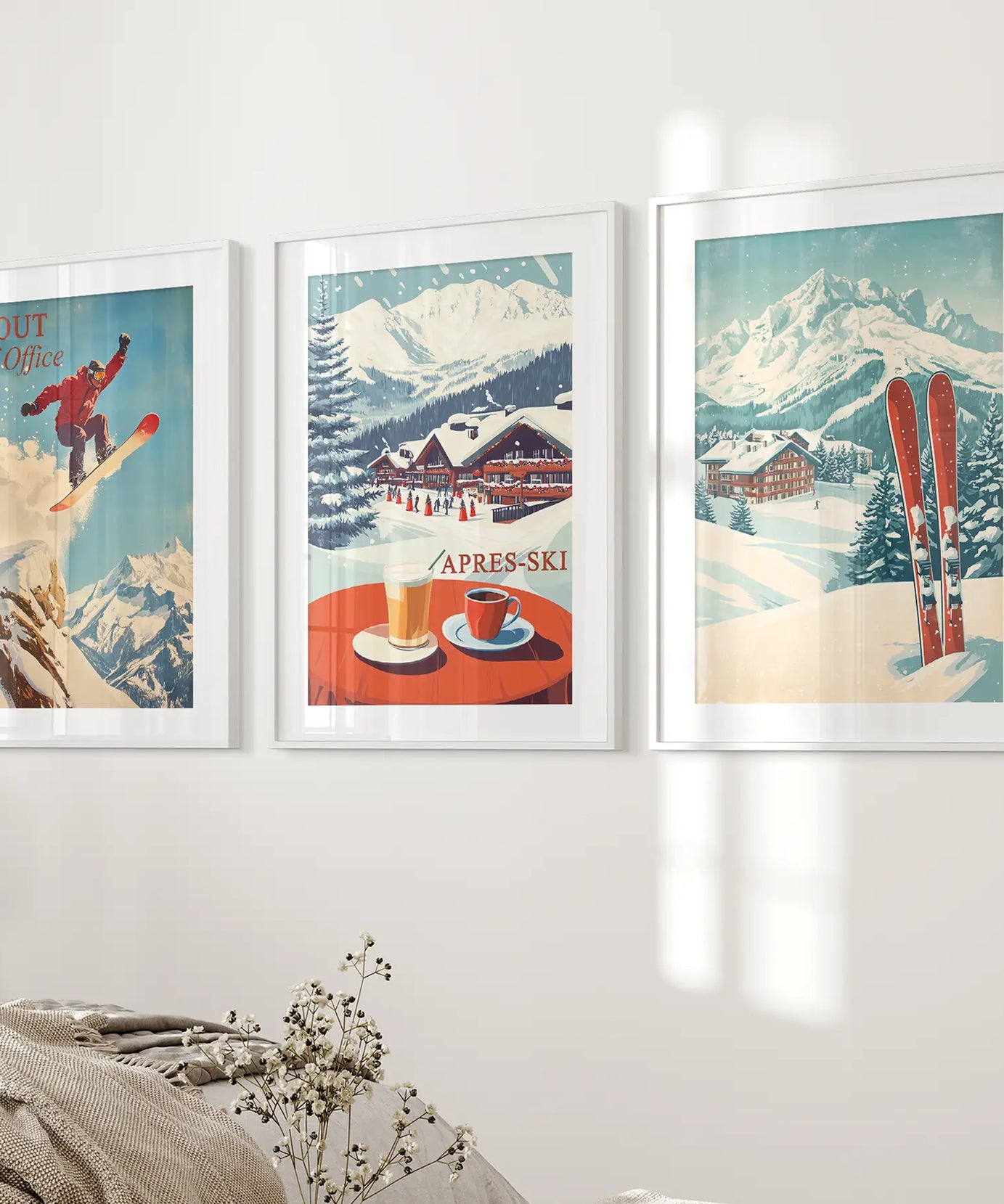Ski Lodge Set of 3 Prints: Retro Snowboard, Après Ski Art