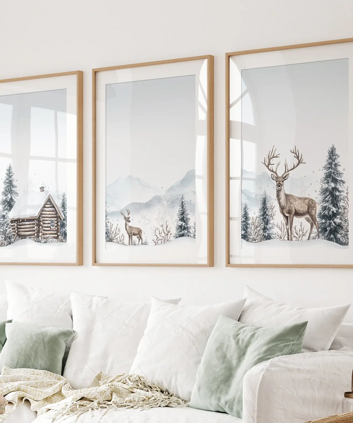 Snowy Deer Wall Art Set of 3. Winter Woodland Prints