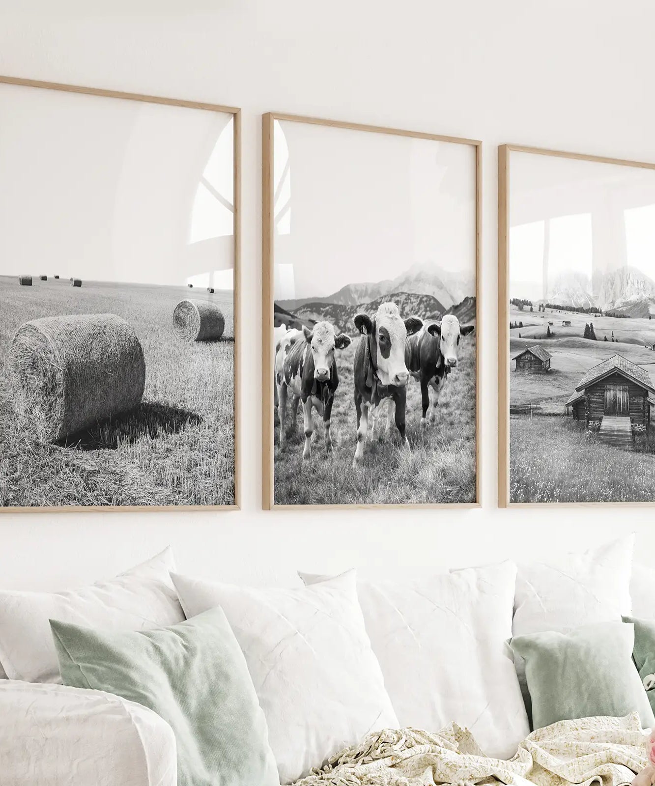 Black White Rustic Photo. Wall Art Set. Cows, Barn, Haystack