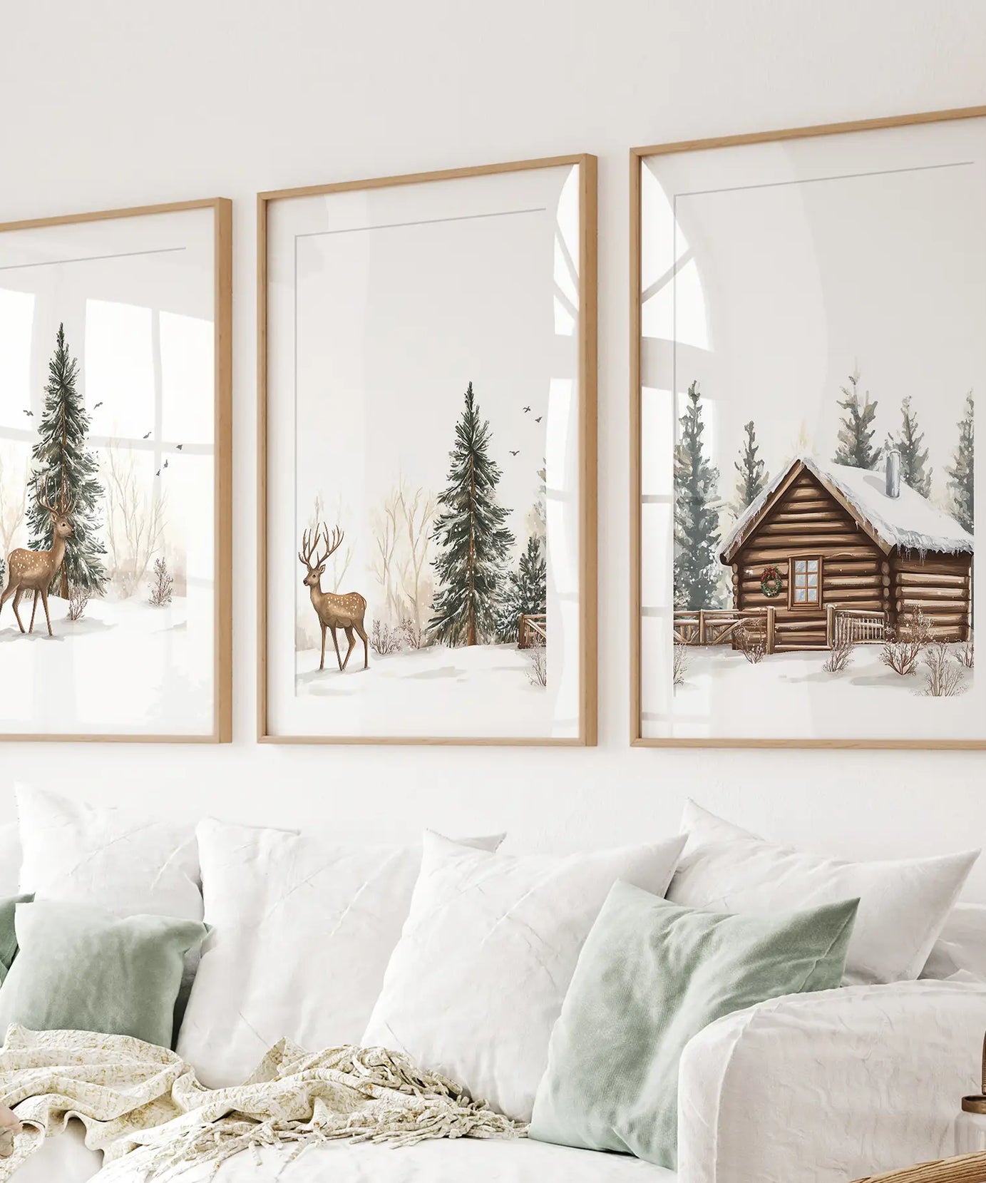 Deer and Cabin Winter 3 Piece Wall Art. Rustic Nordic Prints