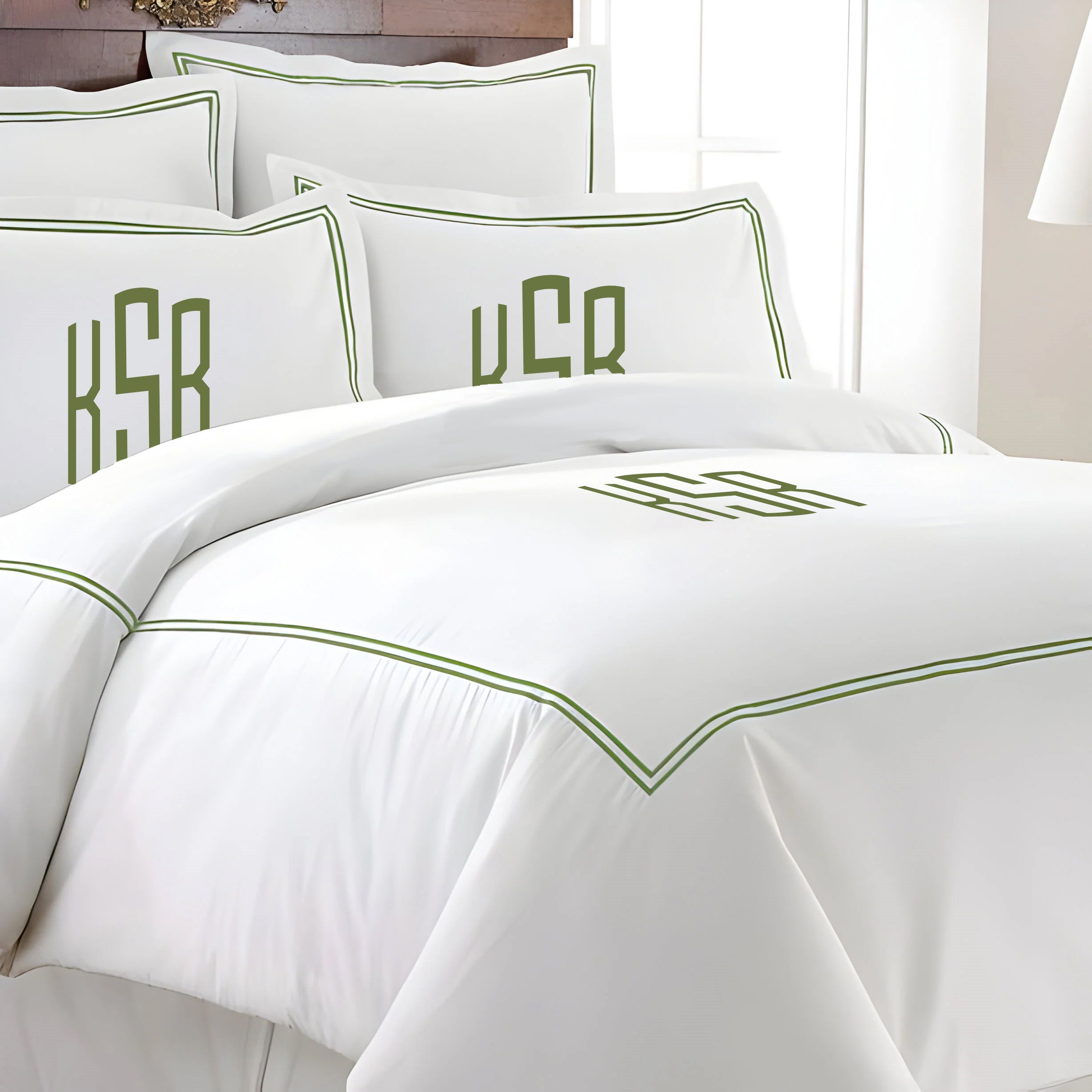 Monogram 400TC Cotton Double Embroidery Sateen Solid Duvet Cover Set