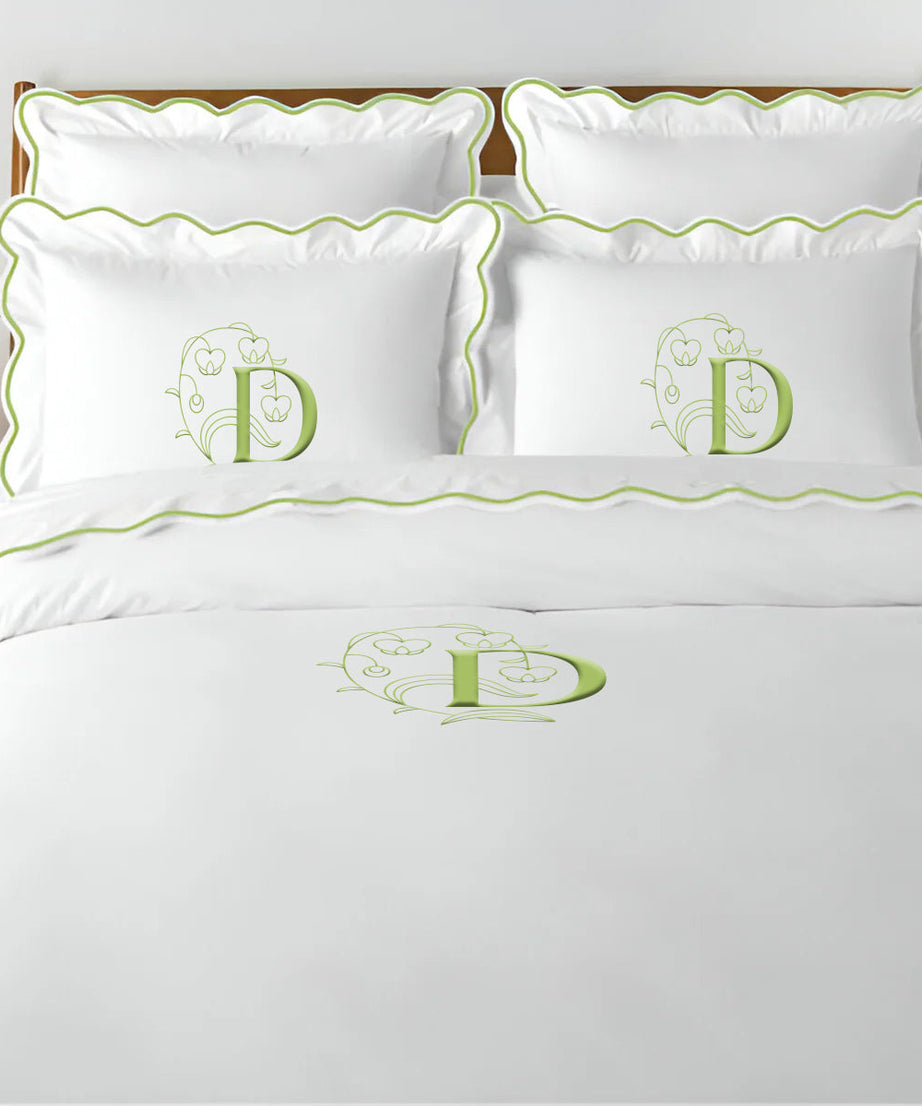 Monogram 400TC Cotton Scallop Embroidery Sateen Solid Duvet Cover Set