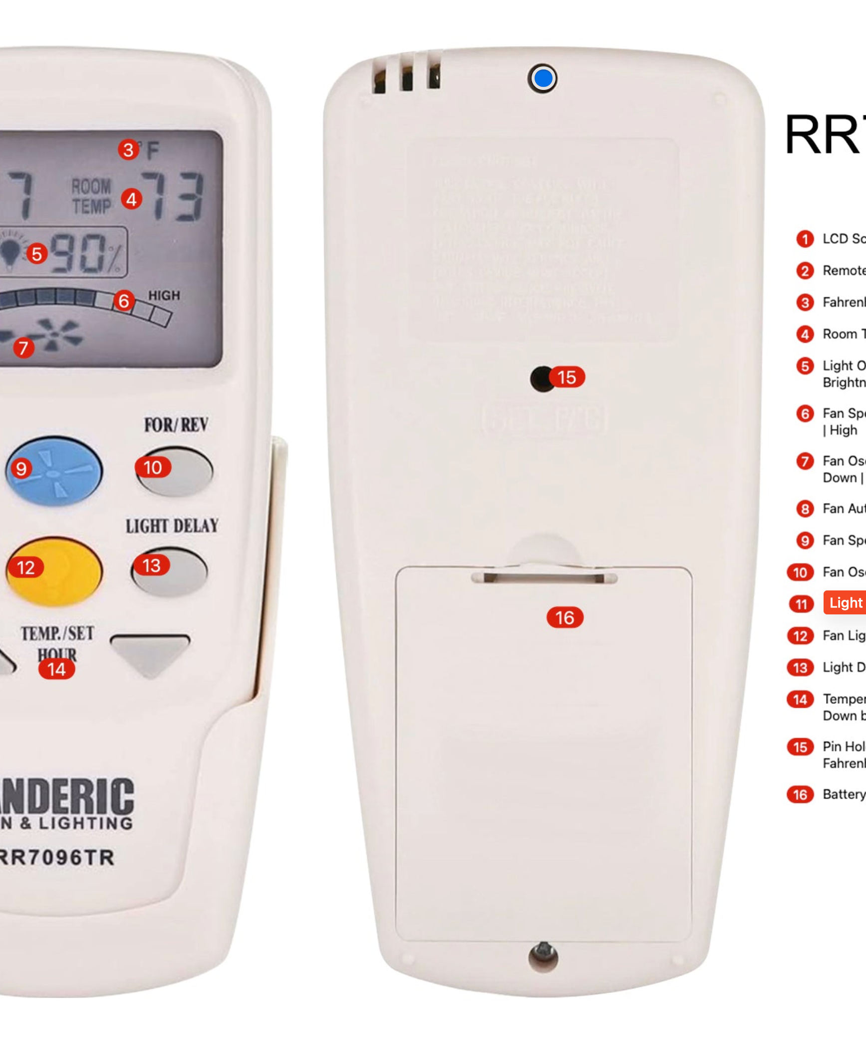 Anderic RR7096TR Thermostatic Ceiling Fan Remote Control with Reverse Key | CHQ7096T, CHQ8BT7096T