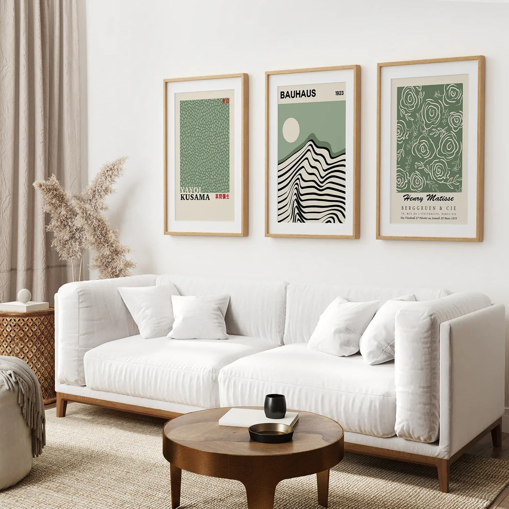 Sage Green Exhibition Art Set of 3 Prints. Bauhaus, Kusama, Matisse