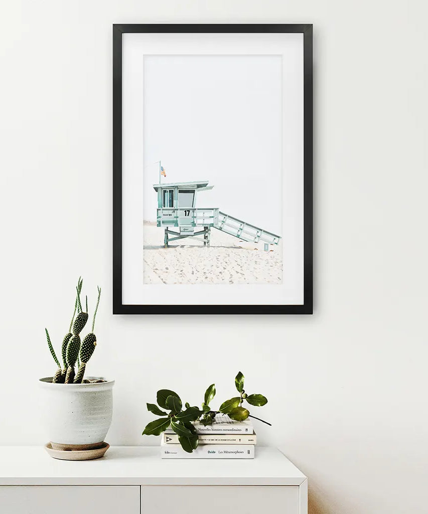 Blauer Rettungsschwimmer-Hütten-Wandkunstdruck. Santa Monica Strand