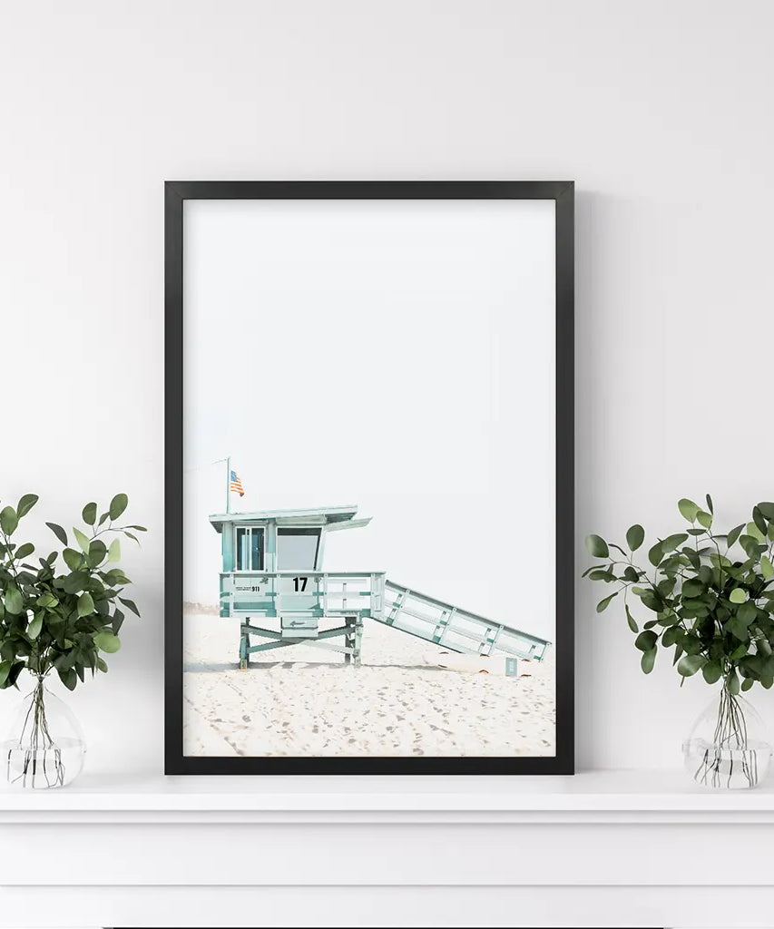 Blauer Rettungsschwimmer-Hütten-Wandkunstdruck. Santa Monica Strand