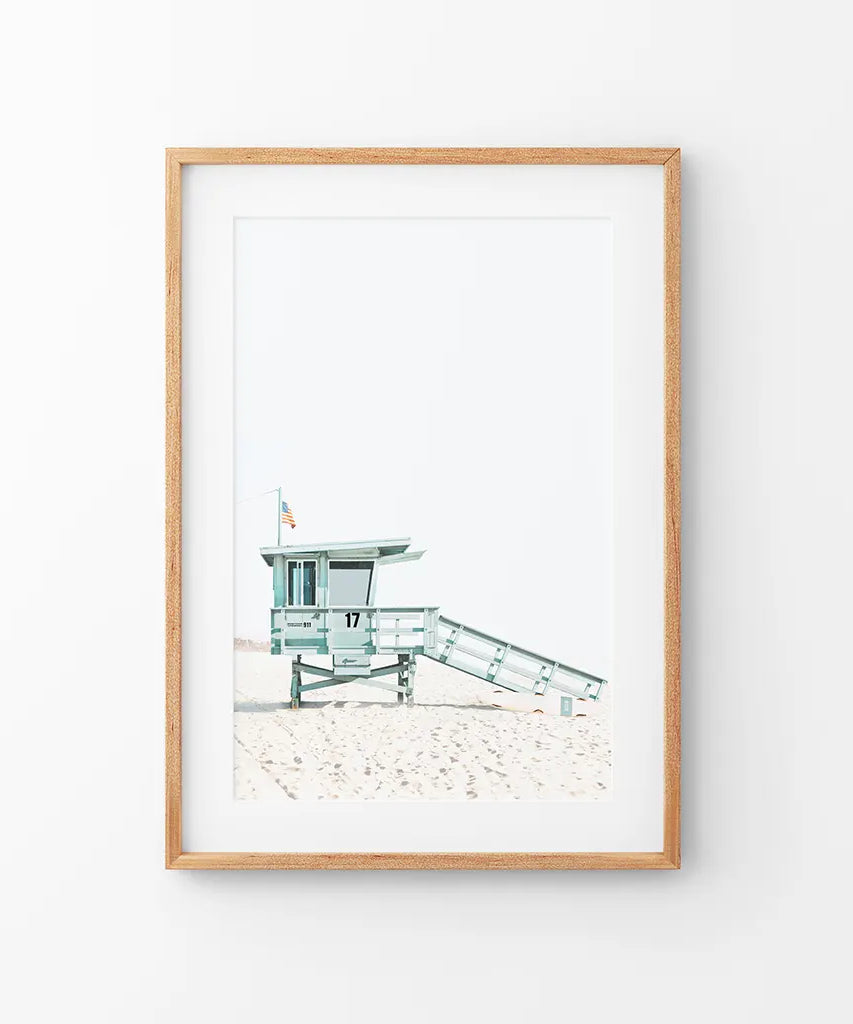 Blauer Rettungsschwimmer-Hütten-Wandkunstdruck. Santa Monica Strand