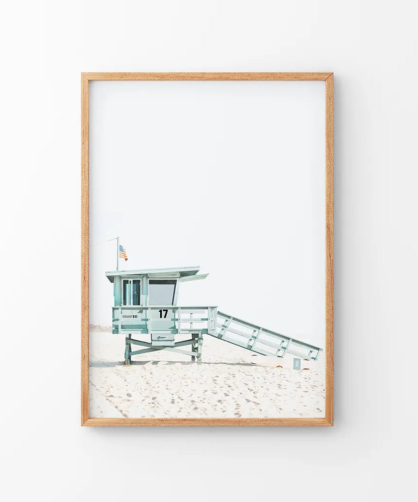 Blauer Rettungsschwimmer-Hütten-Wandkunstdruck. Santa Monica Strand