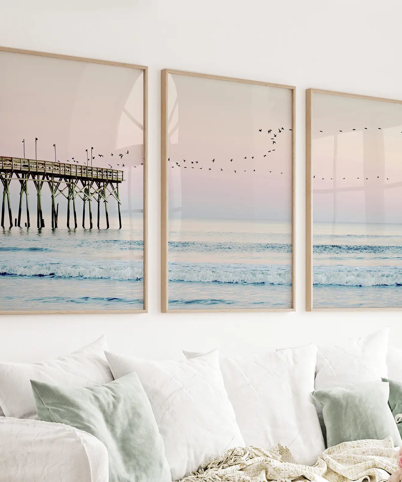 Pink Ocean Sunset Triptych. Wooden Pier, Waves, Seagulls