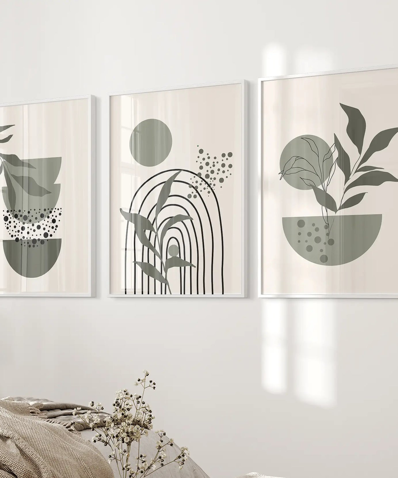 3-teilige Boho-Wandkunstdrucke. Grüne Mid-Century abstrakte Dekoration