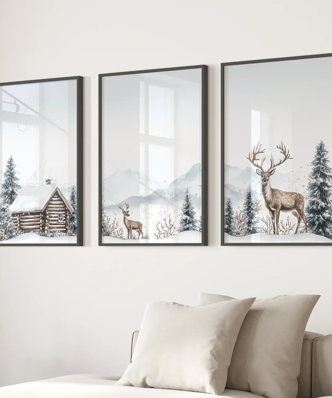 Snowy Deer Wall Art Set of 3. Winter Woodland Prints