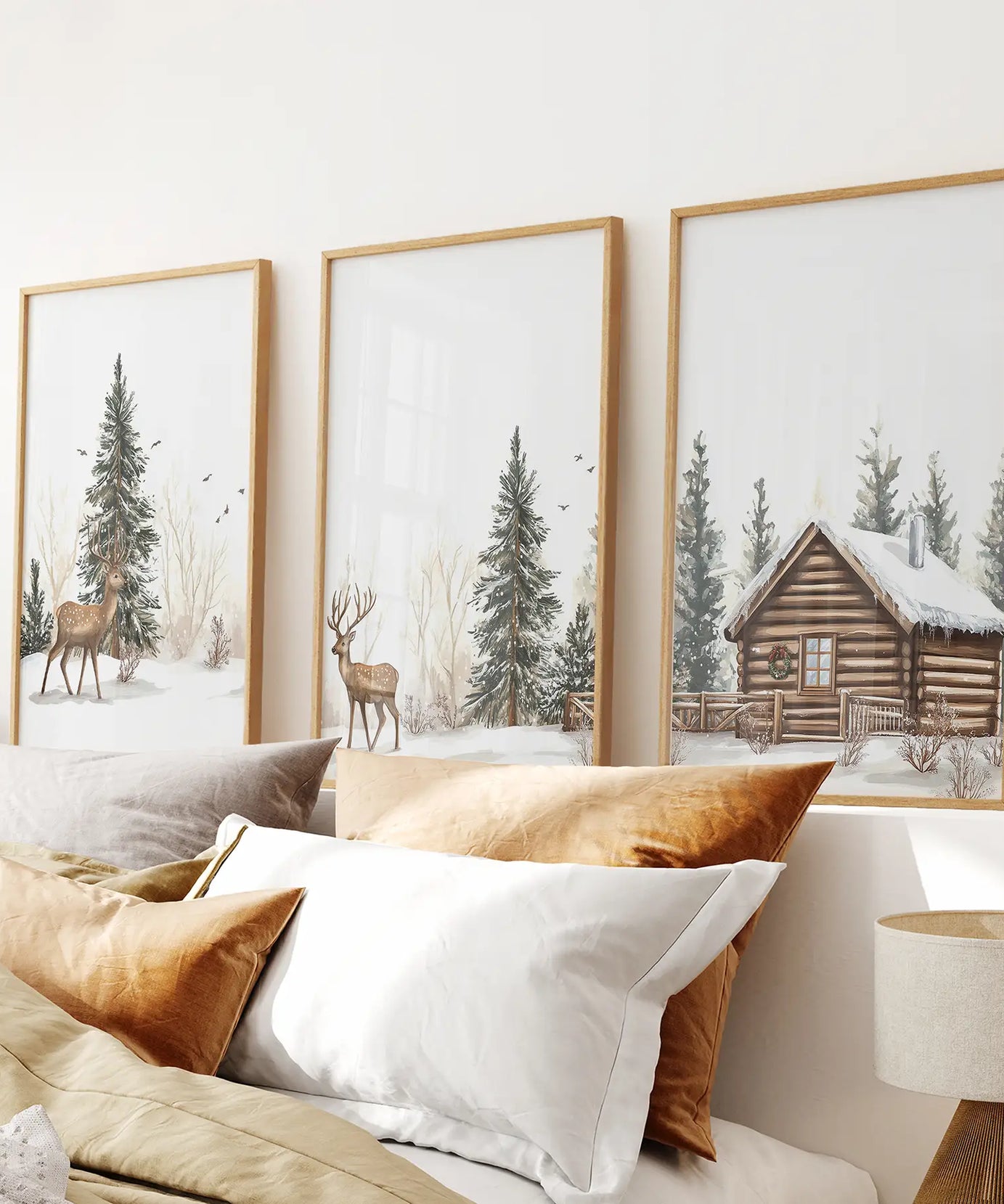 Deer and Cabin Winter 3 Piece Wall Art. Rustic Nordic Prints