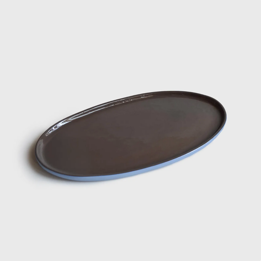 Handmade Porcelain Oval Serving Platter. Forget-me-not/Chocolate