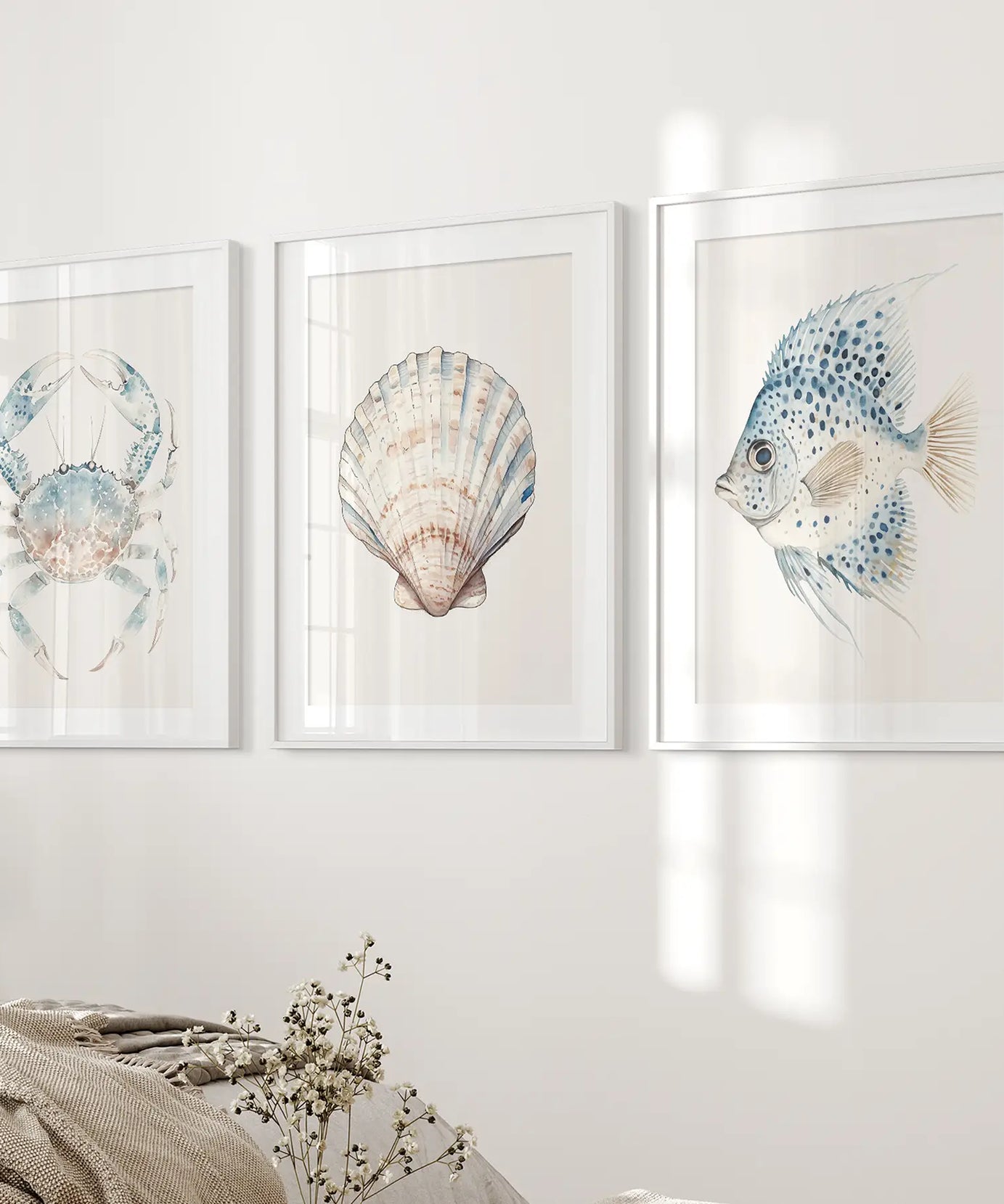 Watercolor Light Blue Nautical 3 Piece Art. Crab, Shell, Fish