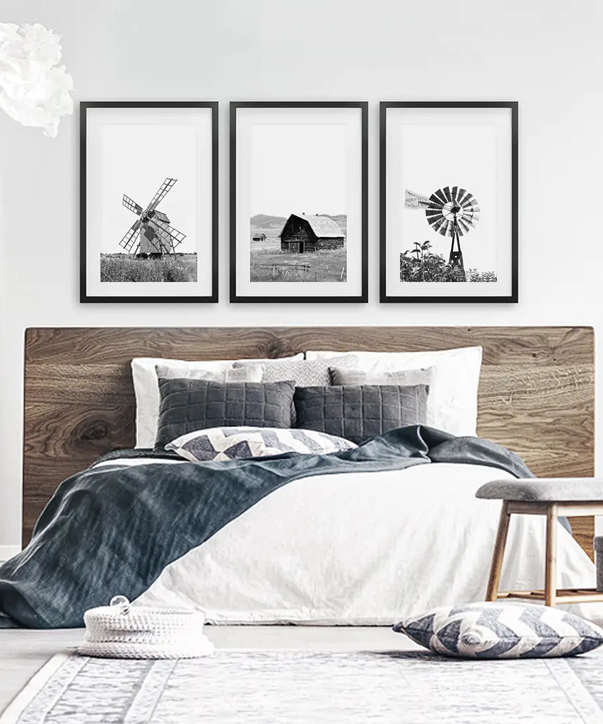 Black White Set of 3 Farm Style Prints. Windmill, Barn, Vane