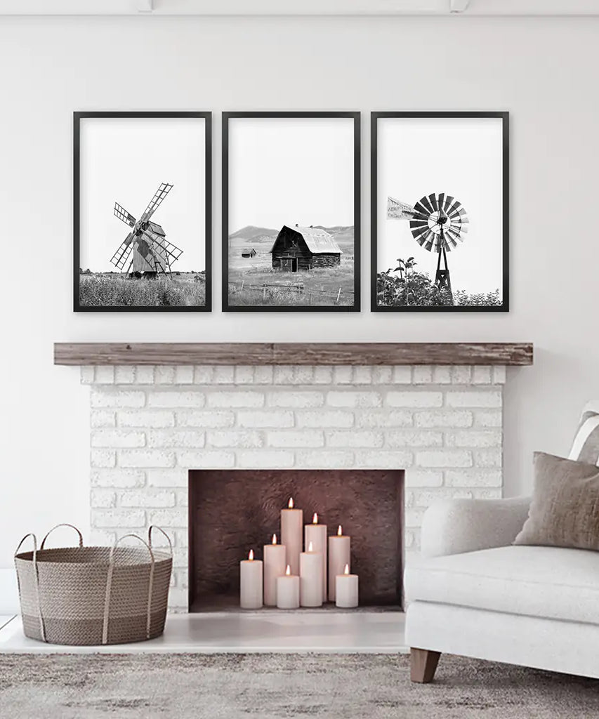 Black White Set of 3 Farm Style Prints. Windmill, Barn, Vane