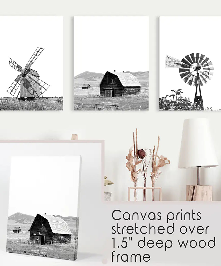 Black White Set of 3 Farm Style Prints. Windmill, Barn, Vane