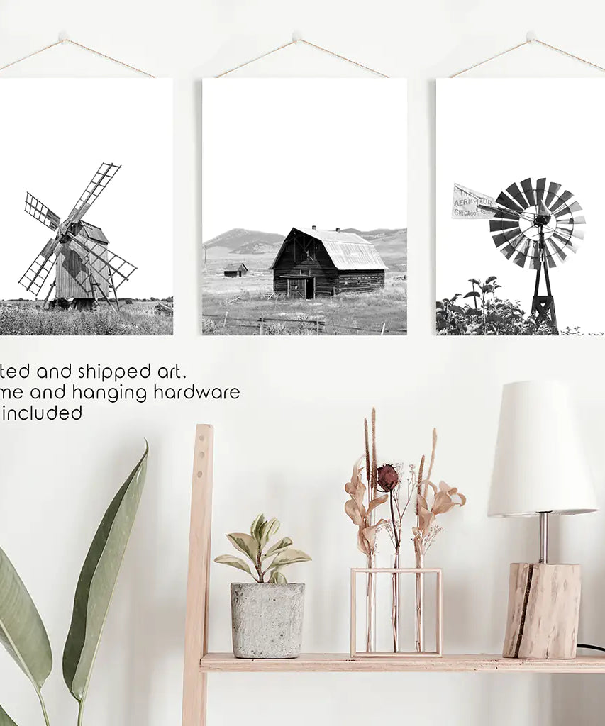Black White Set of 3 Farm Style Prints. Windmill, Barn, Vane